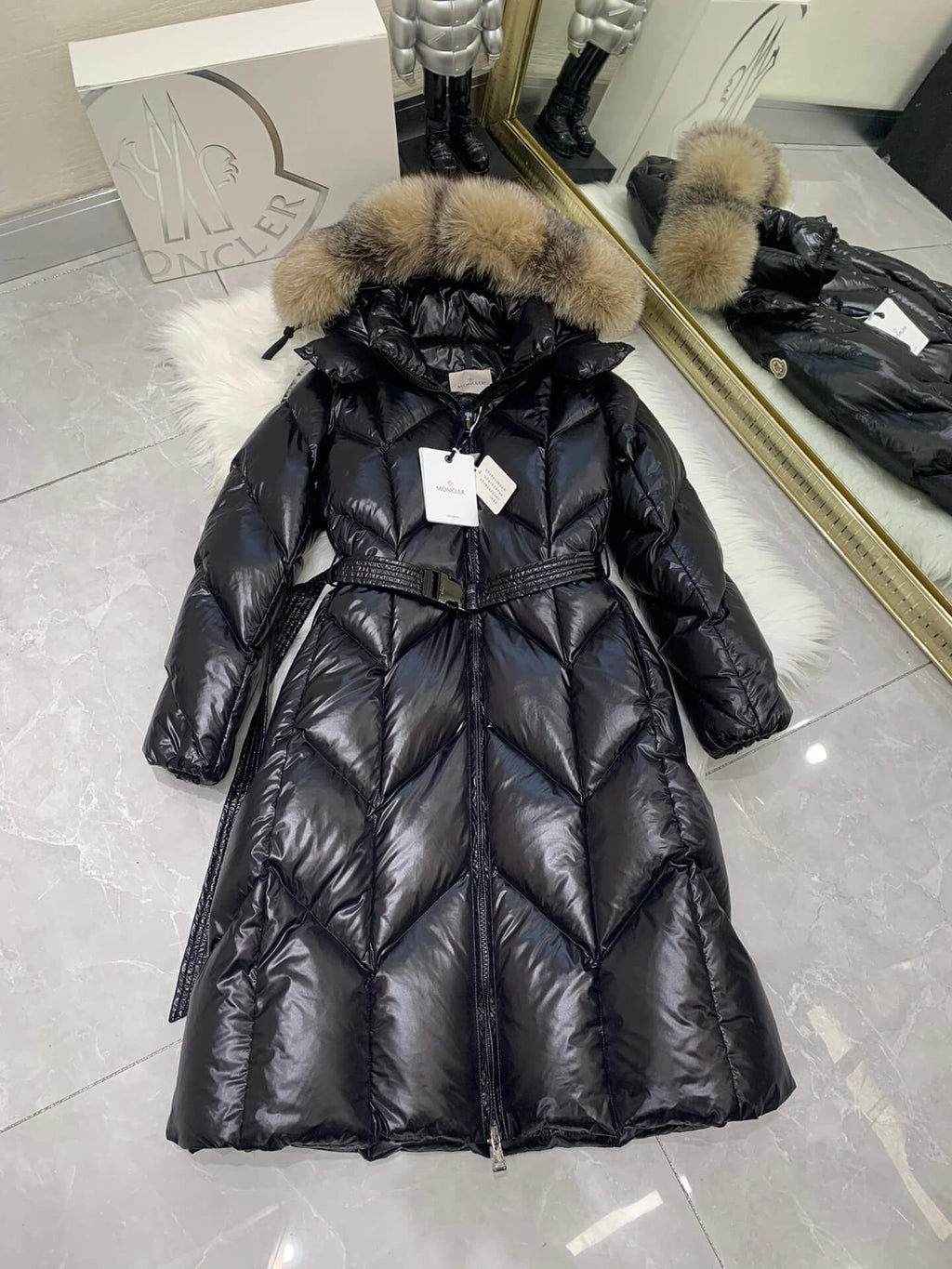 Moncler New Knee-Length Women's Down Jacket in Black